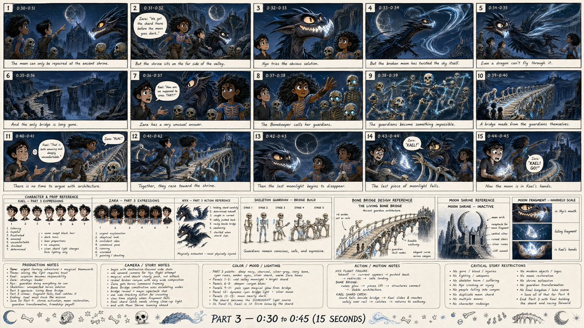 为原创电影级黑暗奇幻2D动画短片创建一张高细节的专业动画故事板： # “归还月亮的孩子” 本故事板为： # 第三部分 — 0:30 至 0:45（15秒） 紧…