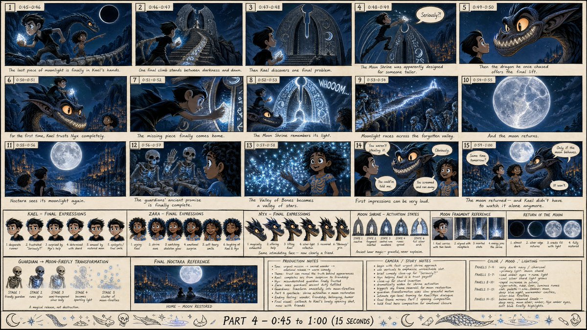 为这部原创奇幻黑暗风格 2D 动画短片《**归还月亮的小男孩**（THE BOY WHO RETURNED THE MOON）》制作一张高细节、专业级的动画分…