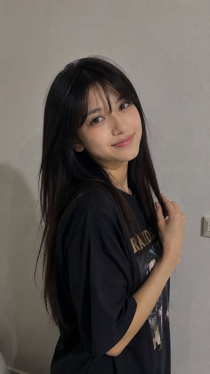 一张超写实的随性智能手机照片，画面中一位年轻女性站在室内的浅灰色简约墙壁前。她留着长而直的深棕色至黑色头发，自然中分，蓬松地垂落在肩膀和背部。她面容柔和自然…