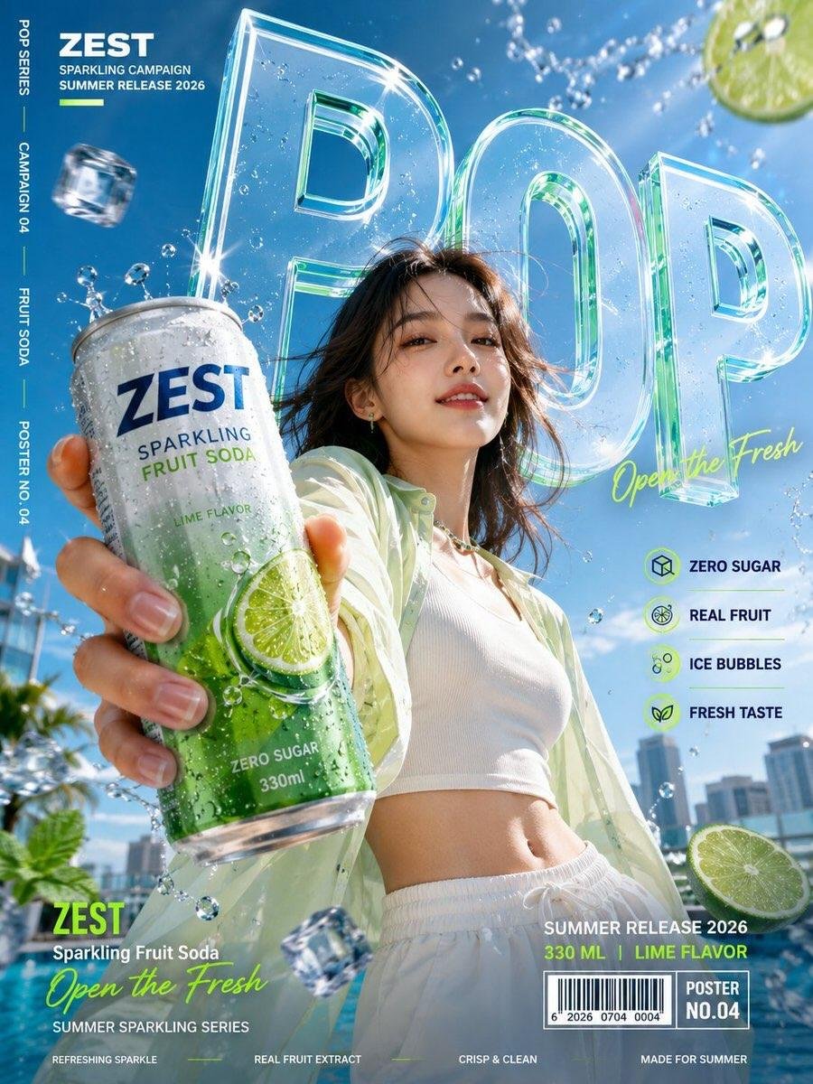 为虚构的[Product Category]（产品品类）品牌创作一张竖版3:4商业宣传海报。 品牌：[Brand Name] 产品：[Product Name] 主词（核心大字）…