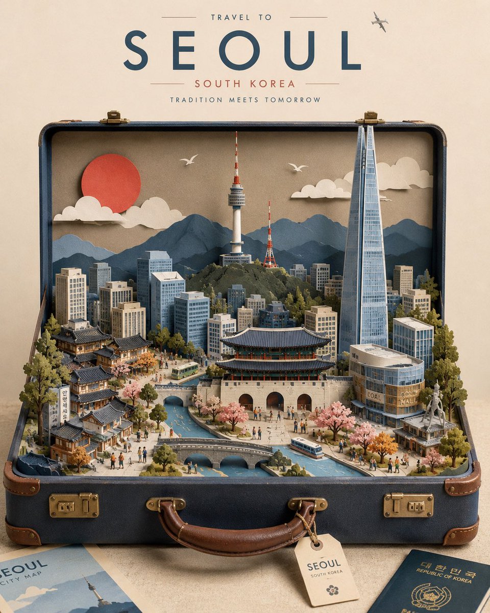 为 [CITY, COUNTRY] 创作一张高级感的 4:5 竖版旅行海报，画面设计为一座高度精致的迷你 3D 剪纸城市，从一个打开的复古旅行箱中浮现而出。 整个目的地存在于旅行…