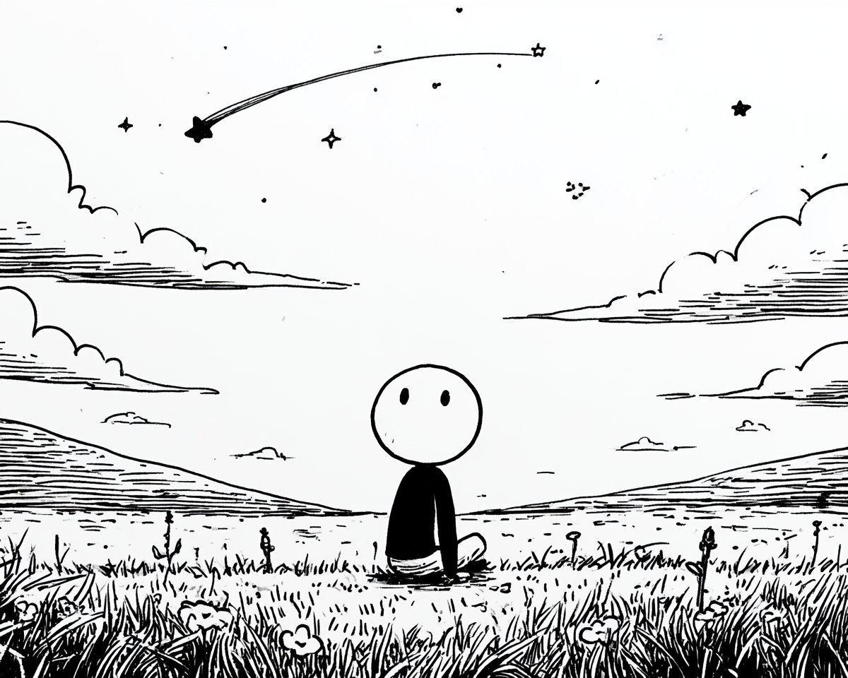 一个圆头角色坐在无尽空旷草地上的一把简易木长椅上，一道分离的黑色影子坐在角色旁边并朝向相反方向，两个身影都沉默静止，远处有一棵被风吹弯的树，一只小纸风筝挂在它…
