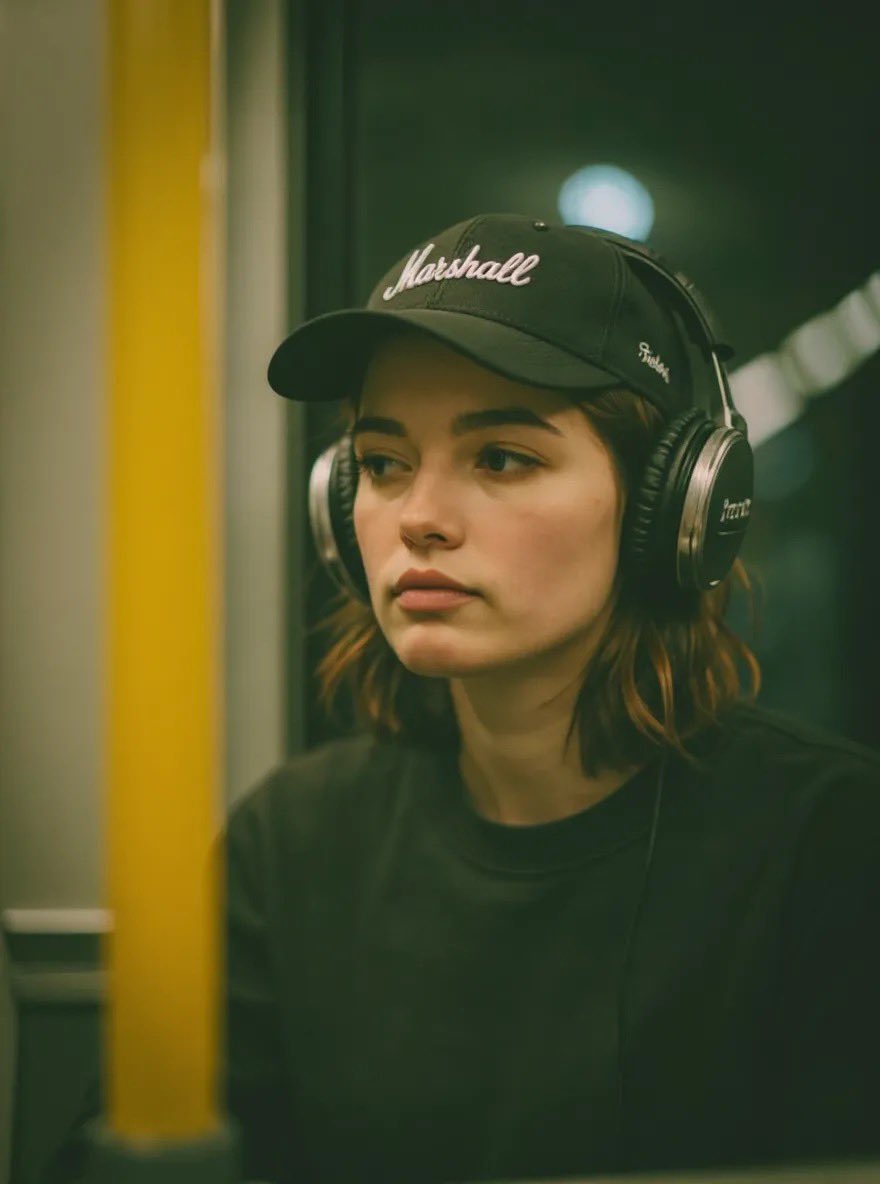 照片级真实感的电影感人像摄影,一位年轻女性坐在录音棚或广播播音室内,佩戴着专业的大尺寸头戴式耳机,身穿深色宽松卫衣。自然的中长棕色头发,带有柔和、略显凌乱的层次感,真实的发丝自然…