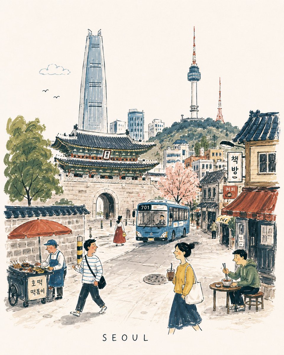 [DESTINATION] = [CITY NAME] 创作一幅迷人的竖版 4:5 中世纪旅行绘本风格插画，描绘 [DESTINATION]，灵感源自 1950–60 年代俏皮的…