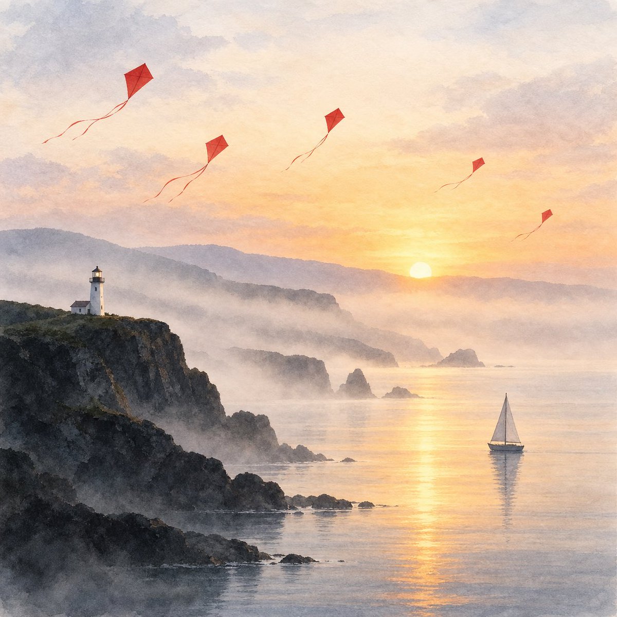 创作一幅方形的极简水彩日出风景画：天空中有恰好五只红色风筝，一座小白矗立于黑色悬崖之上，一艘帆船静静泊于平静水面，整体笼罩在柔和的薄雾之中，无人物，无文字。
