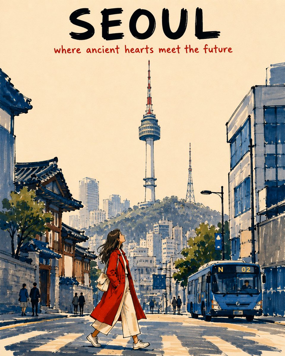 [目的地] = [城市名称] [地标] = [主要地标] 创作一张竖向 4:5 比例的酒精马克笔旅行海报，描绘 [目的地] 的 [地标]，采用低视角的行人视角。整体应像一段温情而…