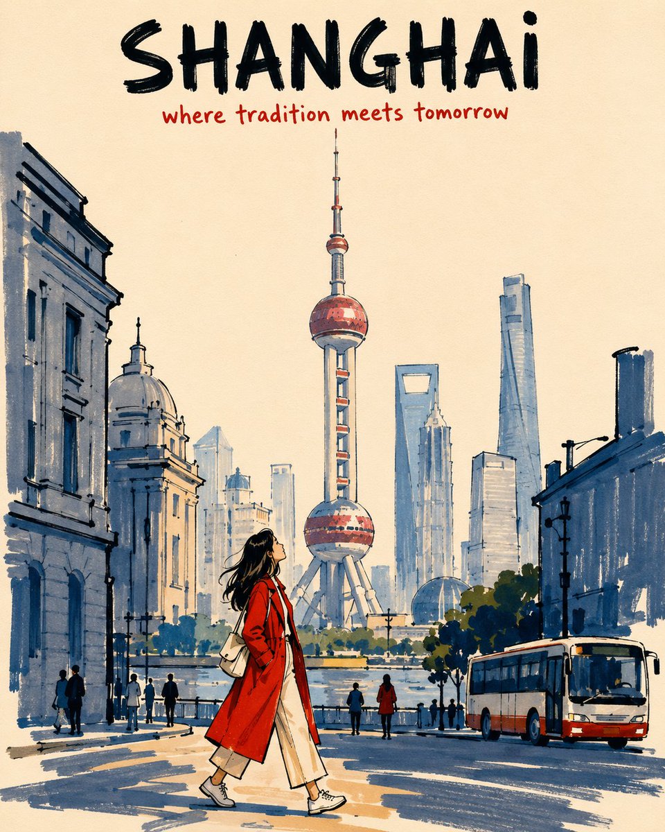 [目的地] = [城市名称] [地标] = [主要地标] 创作一张竖向 4:5 比例的酒精马克笔旅行海报，描绘 [目的地] 的 [地标]，采用低视角的行人视角。整体应像一段温情而…