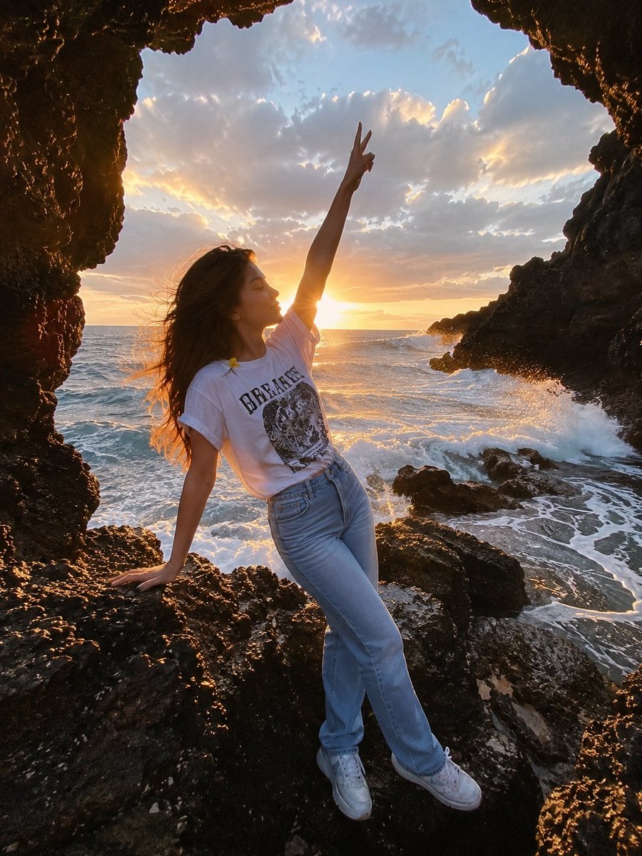 一幅电影感十足的海边人像照：一位年轻女子站在天然海洞内的黑色火山岩上，洞口粗犷的岩石形成天然画框。她一头深色长发在海风中戏剧性地飘扬，对着镜头俏皮地眨着一只眼…