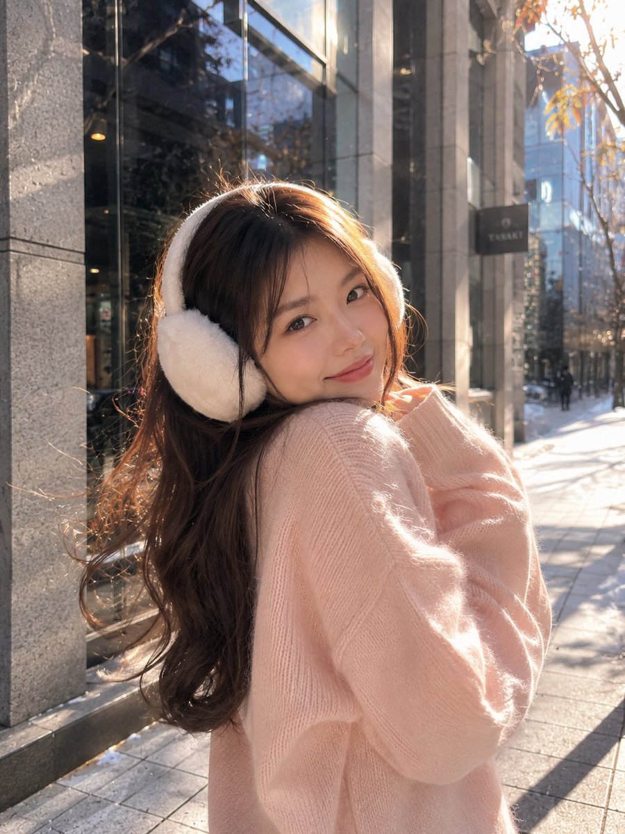 一幅温馨的冬季街头人像照，画面中一位年轻女子站在现代都市的户外环境中，身穿一件柔软的 oversize 腮红粉针织毛衣，头戴蓬松的白色耳罩。她拥有一头光泽感十足的长深棕色卷发，呈…