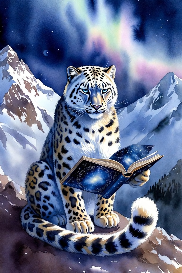 午夜时分,喜马拉雅山峰上,一只雪豹正在阅读一本星座之书,魔幻现实主义风格,柔和粉彩水彩绘制于带有纹理的纸张之上,意境梦幻 --ar 3:2