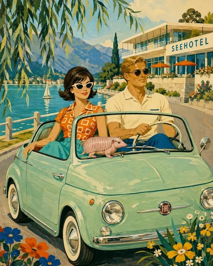 世纪中叶旅行广告插画，画面中有[HUMANS]骑着[VEHICLE]，并有[ANIMAL]相伴。为他们穿上使用[PALETTE]配色的[CLOTHING]。将场景置于[SCENE…