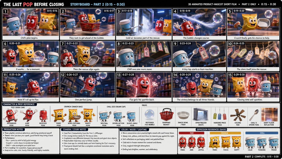 为一部30秒的3D动画产品吉祥物短片创建一张完整专业的故事板分镜图，仅展示故事的第2部分（0:15到0:30）。 故事标题： “关门前的最后一口气泡”（The…