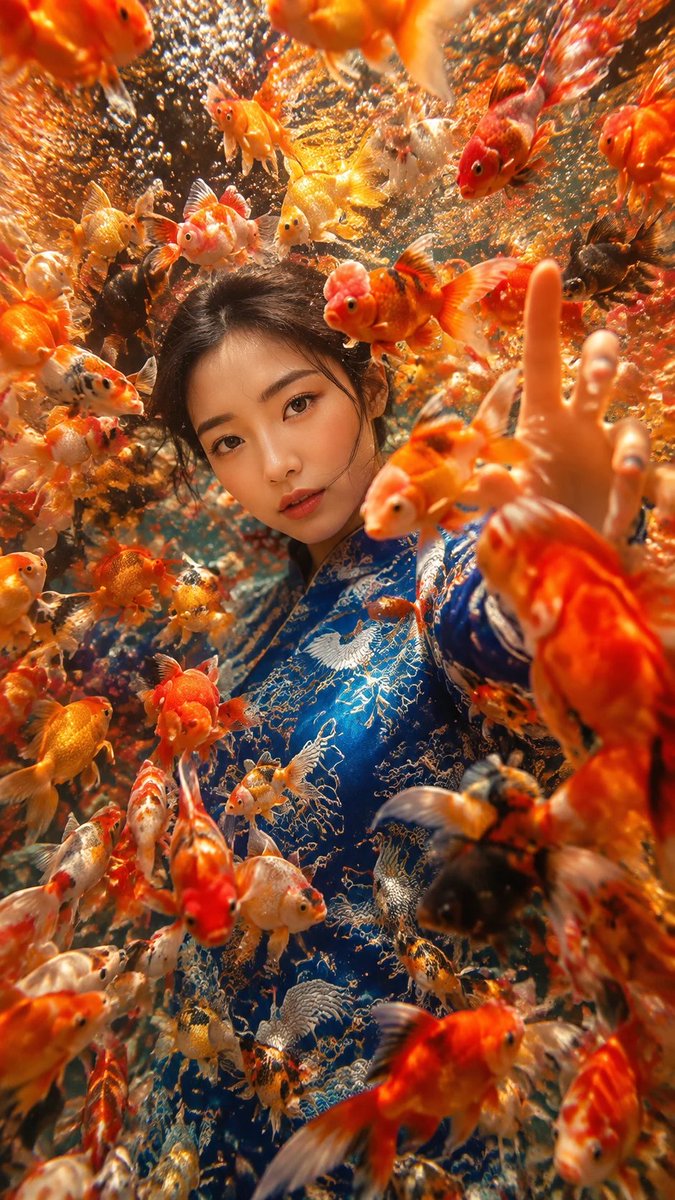 一部电影感十足、超写实的水下摄影作品，聚焦于一个密集旋转的漩涡，由成千上万条五彩斑斓的金鱼组成。无数条狮子头、朱文锦、兰寿和扇尾金鱼（深红、深橙、锦鲤色、金属金、珍珠白）构成的混…