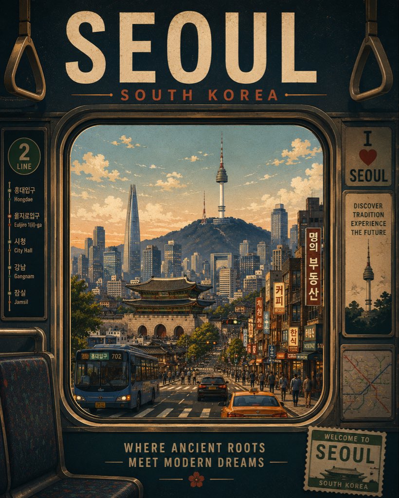 为 [CITY]、[COUNTRY] 创作一款高端复古编辑风旅行海报，灵感源自经典中世纪旅游海报与精致的复古平面设计。 创意概念 ——“穿越城市之旅”： 从当地一种可识别的交通工…