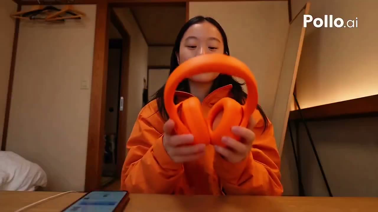 制作一段超写实的30秒16:9竖屏UGC智能手机视频博客，画面中是同一位年轻日本女性在日式城市中度过悠闲的一天。她身穿一件纯色亮橙色夹克，颜色与Pollo A…
