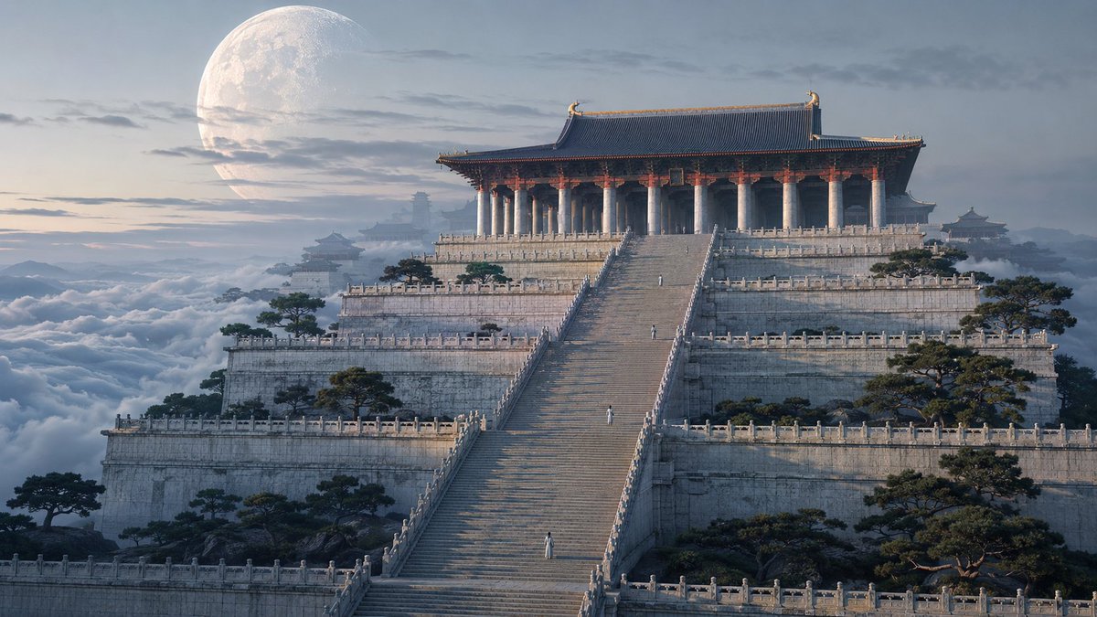 云上之城，东方美学🎨 GPT- image 2 提示词 👇 16:9 宽屏。高端电影级 3D 渲染，具备动画长片级的精致打磨，极致的建筑细节，无塑料光泽。冷色…