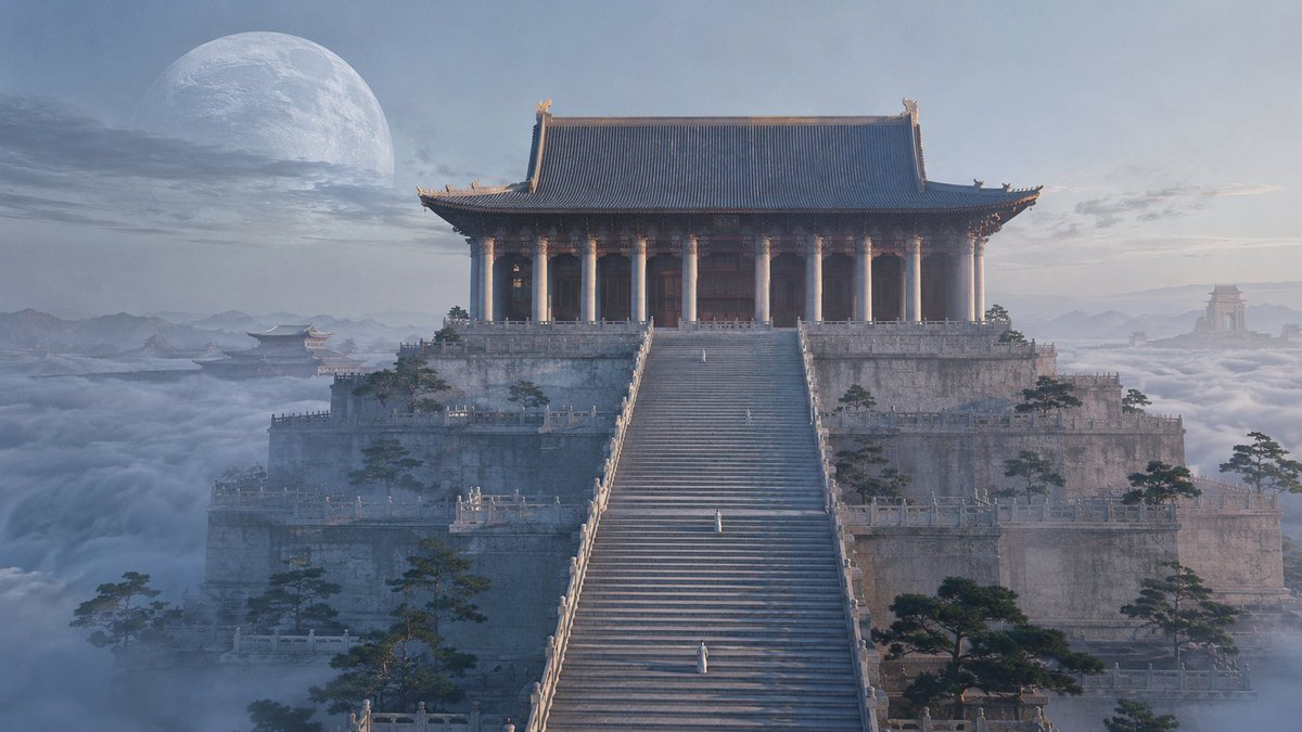 云上之城,东方美学🎨 GPT- image 2 提示词 👇 16:9 宽屏。高端电影级 3D 渲染,具备动画长片级的精致打磨,极致的建筑细节,无塑料光泽。冷色调清晨。 【尺度法则…