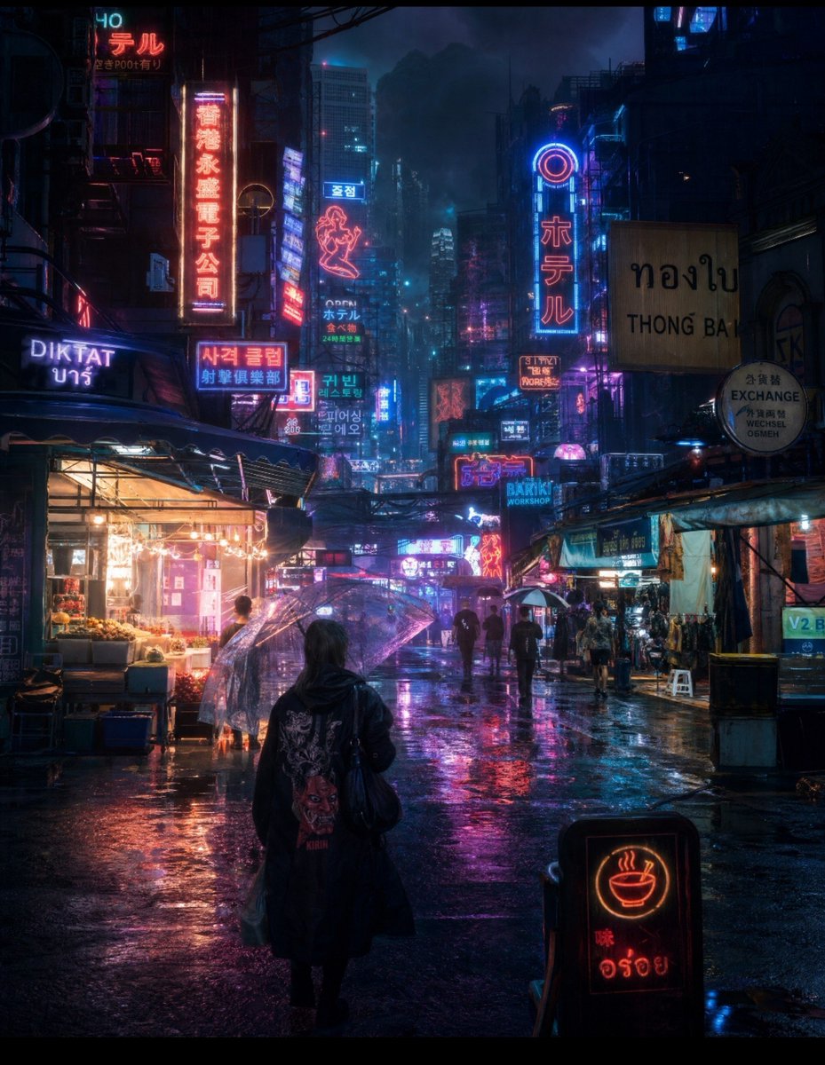 超电影感的赛博朋克夜市,位于密集的未来主义亚洲巨型都市中,大雨滂沱,从街道视角观看。一个孤独神秘的、身披黑色长款连帽风衣的人物背对镜头,在一条挤满人群的霓虹小巷中渐行渐远,肩上挎…