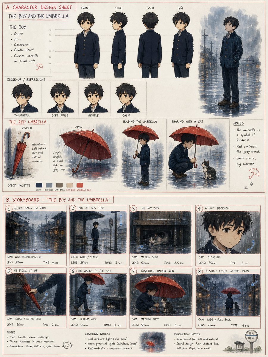 GPT image 2 故事板提示词 — 为一部名为《男孩与伞》(The Boy and the Umbrella) 的原创情感短片创建一张竖版动漫动画开发板…