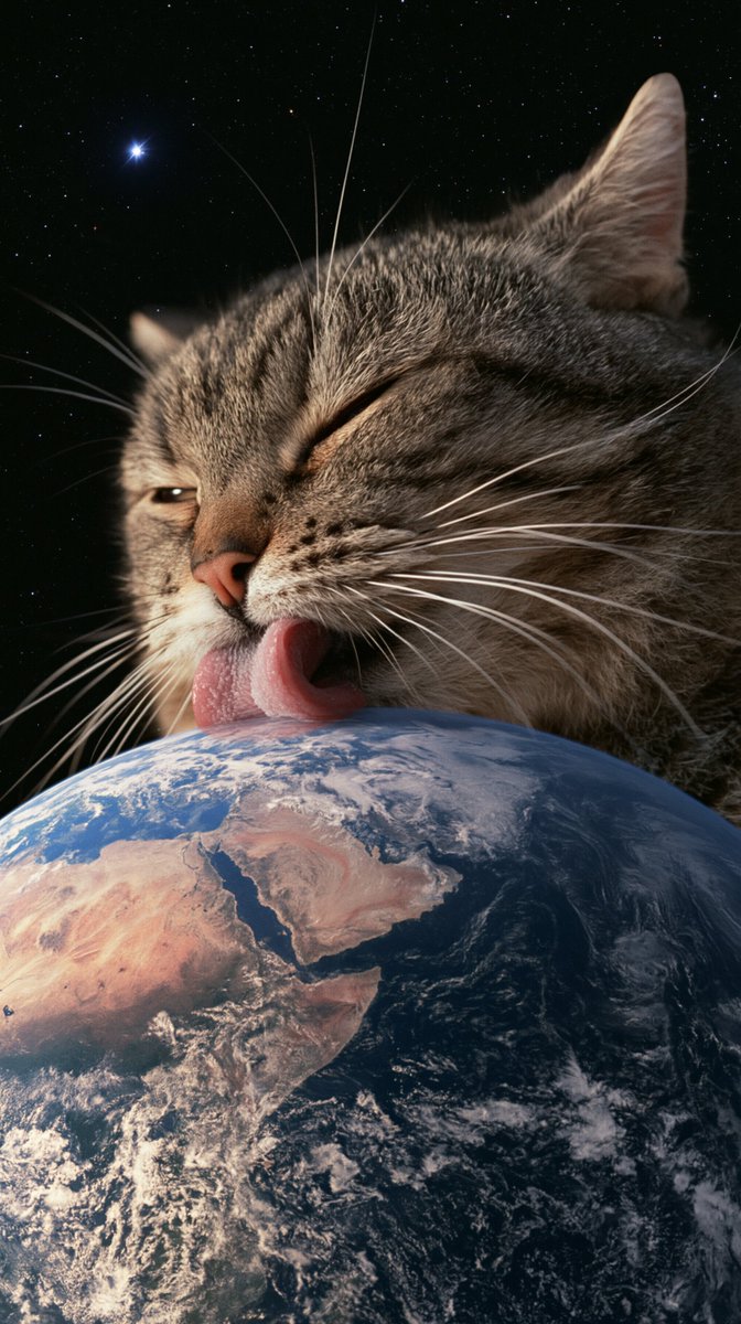 外太空中一只巨大的家养虎斑猫,它的巨大面孔在地球后方若隐若现,用粉红色的舌头舔舐地球,舌头触及地球的上表面,特写构图,猫的头部被画面顶边裁切,地球占据图像下半部分,四分之三正面视…