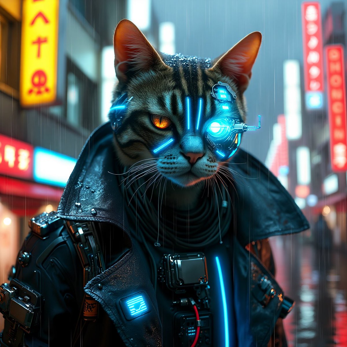 一张赛博朋克风格猫咪的照片级写实特写 (cyberpunk cat:1.3),具有 (自然逼真的猫科面部结构与比例:1.35),(非人形:1.4)。这只猫拥有…