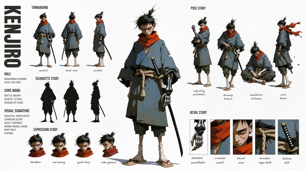 创建一个高级、现代的高级时装角色概念设定表（CHARACTER CONCEPT ART SHEET），采用 16:9 宽屏布局，纯白背景。 附加的参考图像定义…