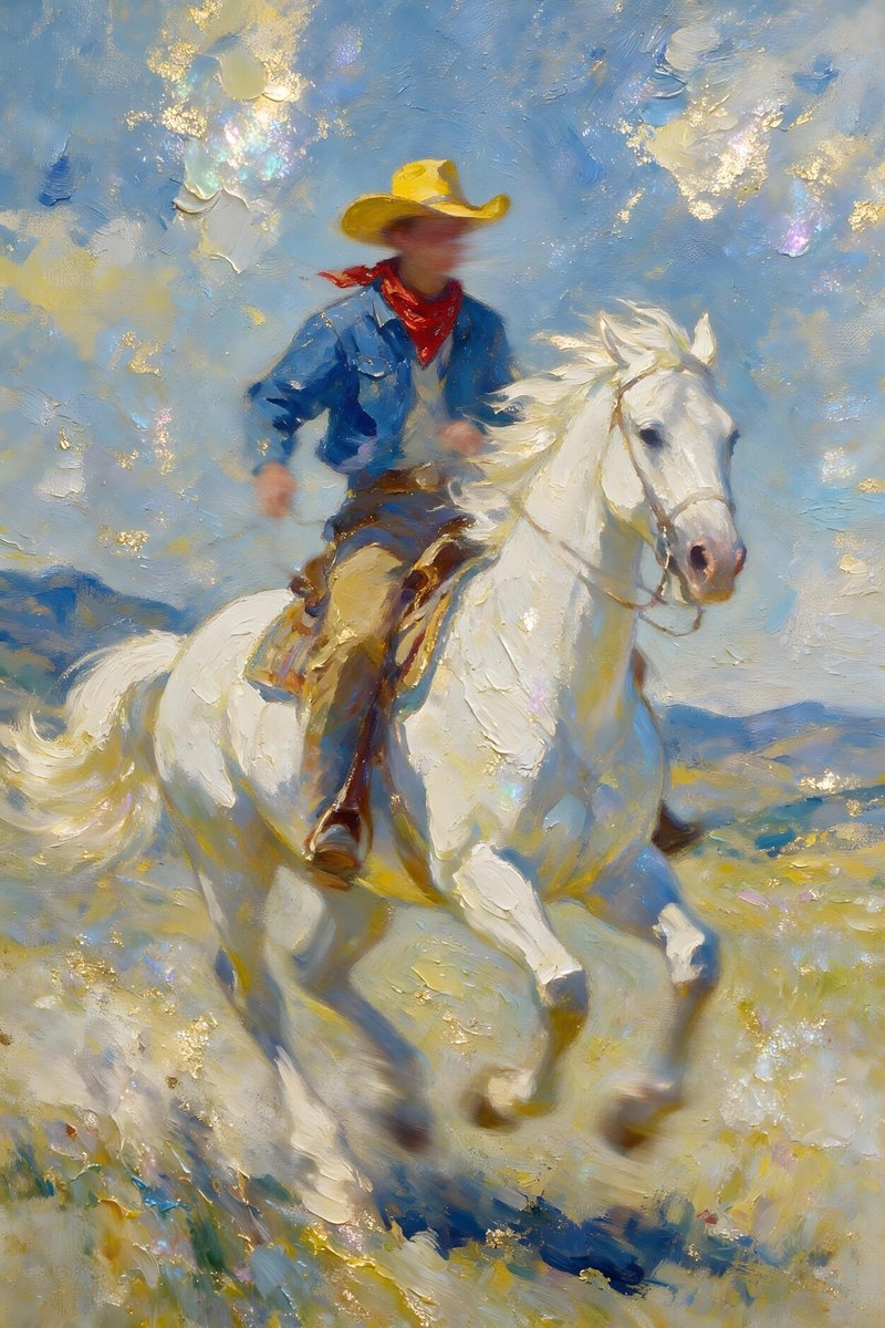 一幅画意十足、印象派风格的画面，描绘了一位骑在马背上的牛仔。这位牛仔头戴黄色帽子，围着红色围巾，身穿蓝色夹克。他的脸因运动模糊而难以辨认。马是白色的，似乎同样…