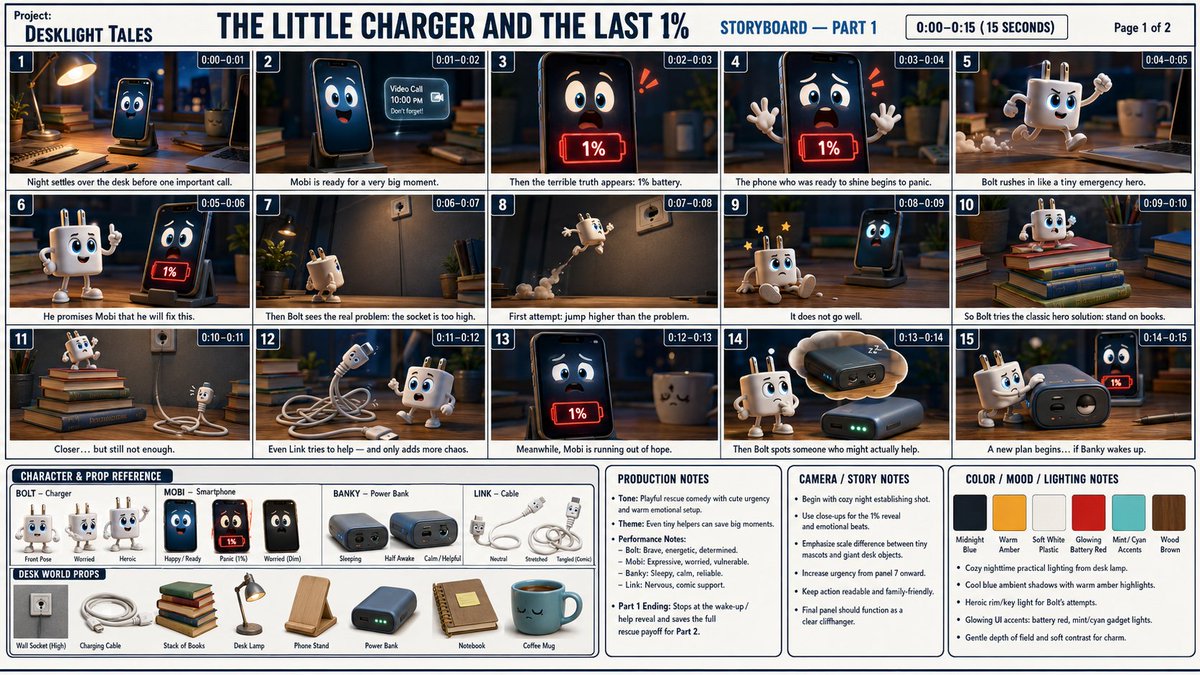 为一部30秒的3D动画短片《The Little Charger and the Last 1%》(小充电器与最后的1%)——故事板第一部分——创建一张完整、…