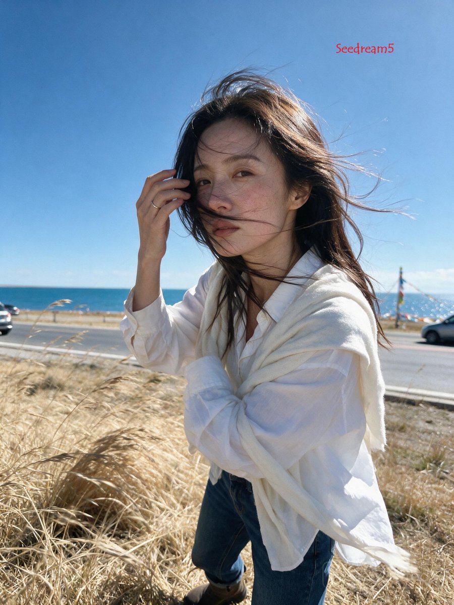 3:4，iPhone 17 后置摄像头搭配 26mm 广角镜头拍摄的写实抓拍照片。 主体：28 岁以上身材纤细的中国女性，身着宽松白衬衫、深蓝色牛仔裤、短靴，肩上披着柔软的披肩…
