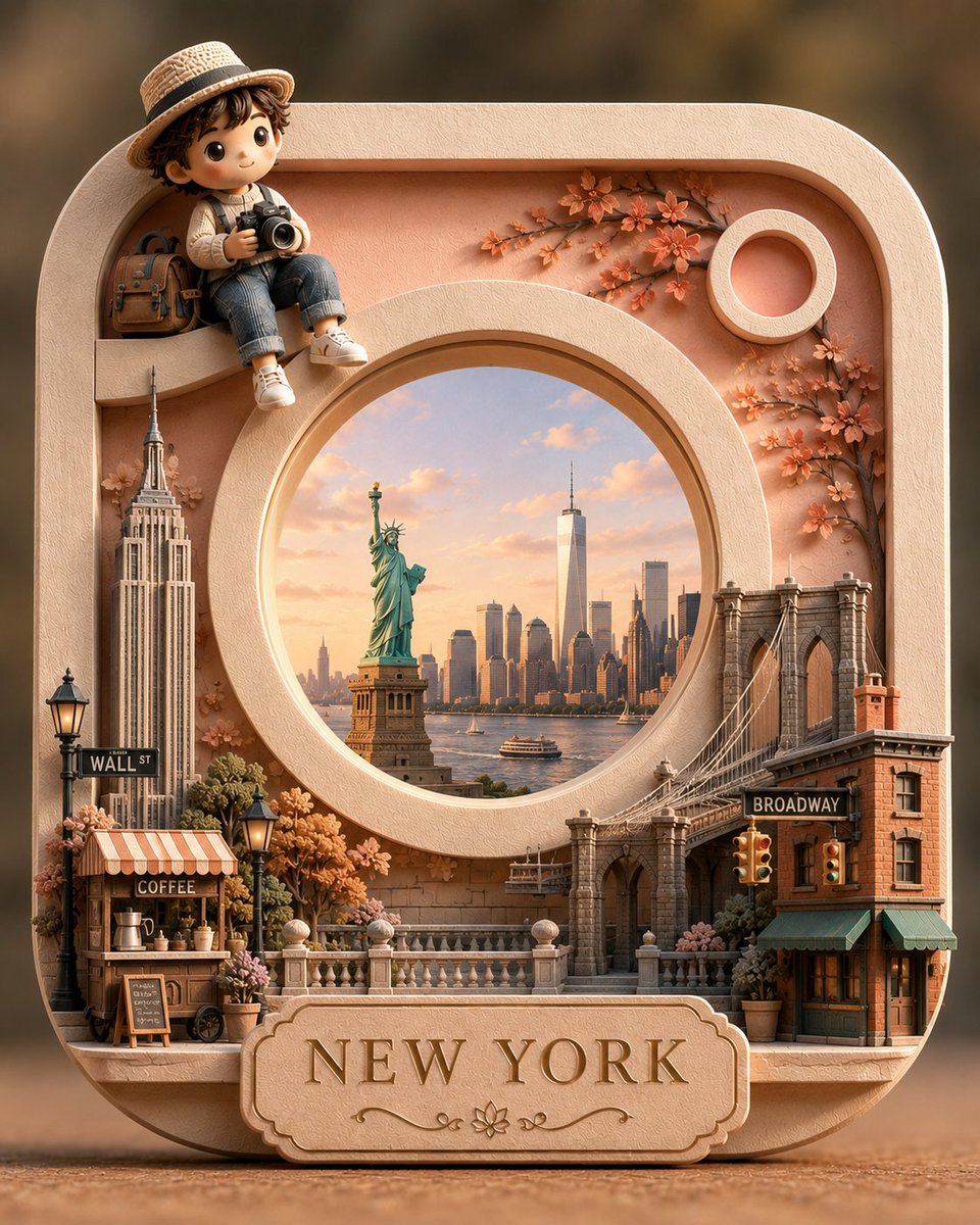 创作一个受 Instagram 标志启发的高级 3D 剪纸立体场景，以标志性的圆角方形外框和中心圆形镜头作为核心结构元素。构图应通过一个简洁、优雅的微缩场景来呈现 {CITY}…