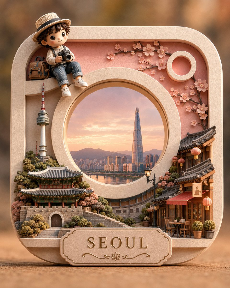 创作一个受 Instagram 标志启发的高级 3D 剪纸立体场景，以标志性的圆角方形外框和中心圆形镜头作为核心结构元素。构图应通过一个简洁、优雅的微缩场景来呈现 {CITY}…