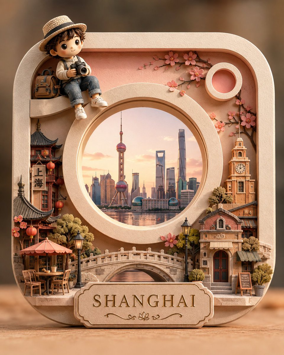 创作一个受 Instagram 标志启发的高级 3D 剪纸立体场景，以标志性的圆角方形外框和中心圆形镜头作为核心结构元素。构图应通过一个简洁、优雅的微缩场景来呈现 {CITY}…