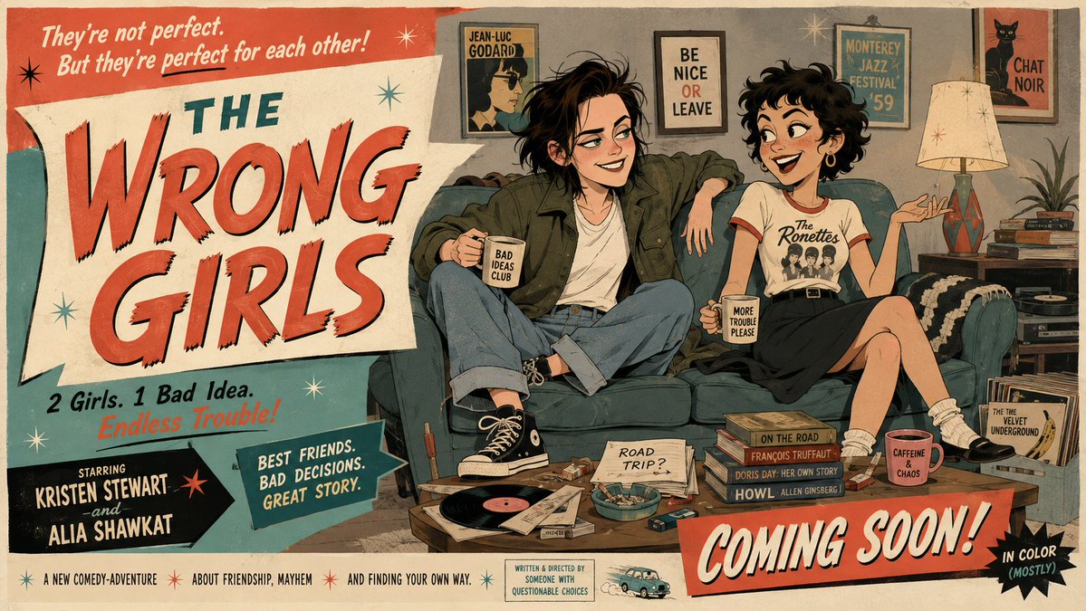 中世纪戏剧化卡通静帧风格的好莱坞电影预告横幅，为《The Wrong Girls》宣传，画面包含一幅夸张肖像画：克里斯汀·斯图尔特饰演自由奔放的年轻女子，蓬松…
