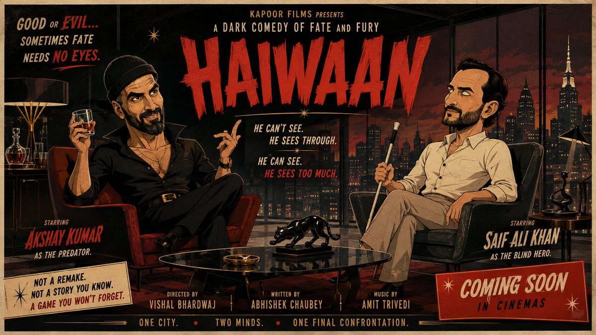 世纪中叶戏剧化卡通静帧宣传好莱坞电影先导预告横幅，《Haiwaan》（野兽），以夸张漫画形象刻画 Akshay Kumar 饰演的纯粹邪恶反派：浓密胡须、压低…