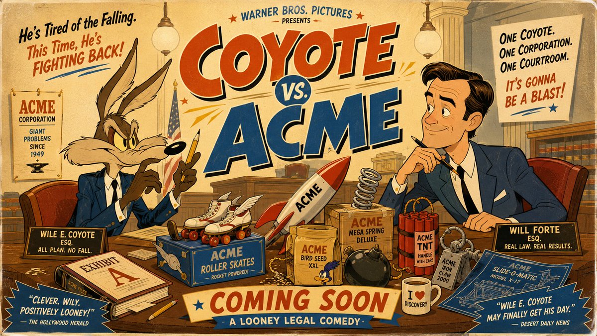世纪中叶剧院动画静帧好莱坞电影预告横幅，用于《Coyote vs. ACME》（土狼大战ACME公司），以经典 Wile e. Coyote（大笨狼）为主角…