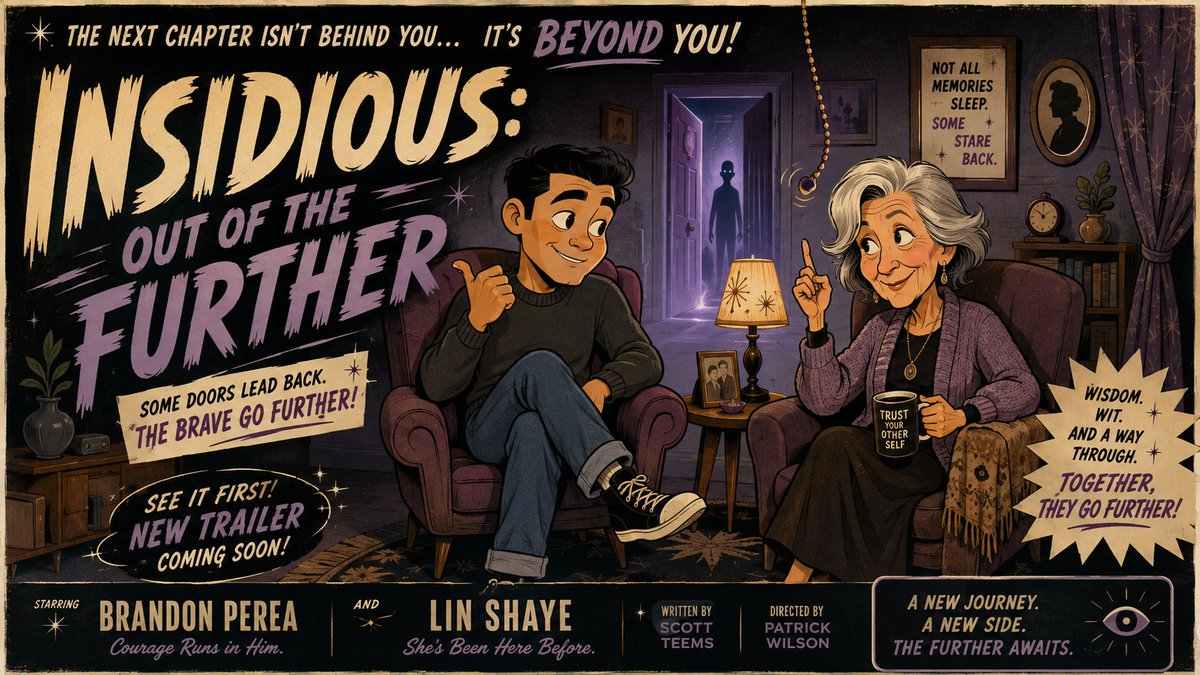 Insidious: Out of the Further（潜伏：更深之处）的好莱坞电影预告片中世纪剧院风卡通定格宣传横幅，以Brandon Perea的夸张…