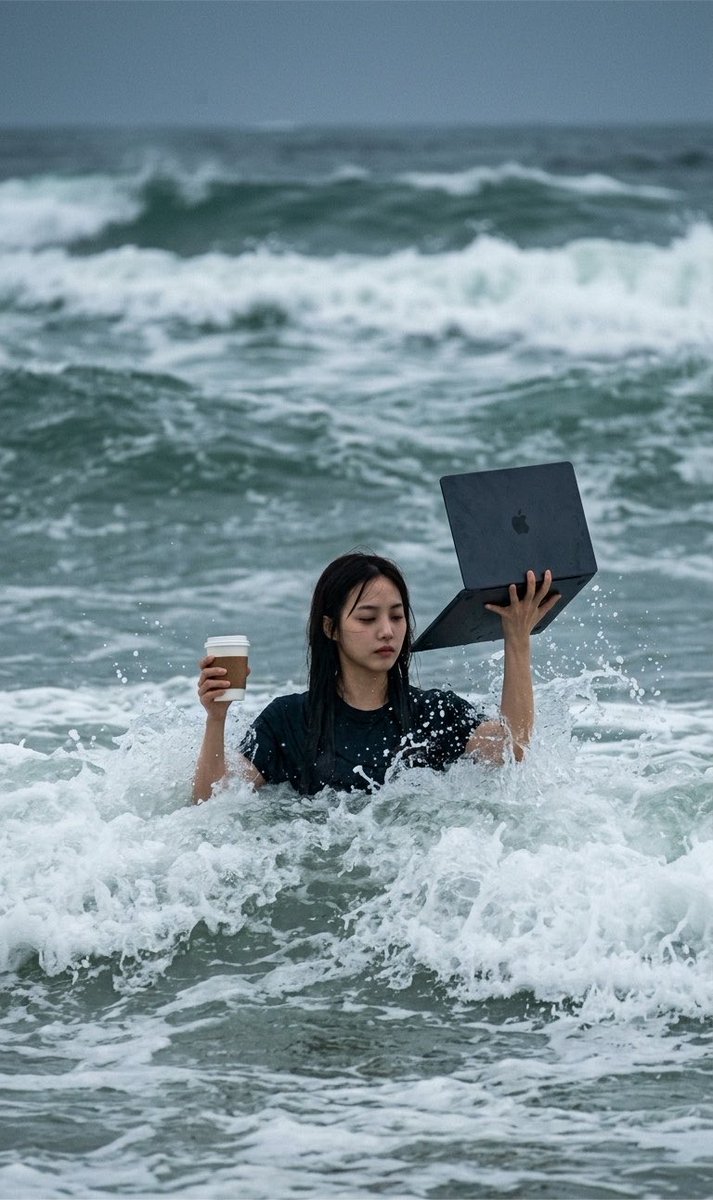 一张真实的抓拍风格照片，画面中的人物来自 [person from uploaded photo]，他/她站在齐胸深的汹涌海水中，周围是翻腾的大浪和白色海泡沫…