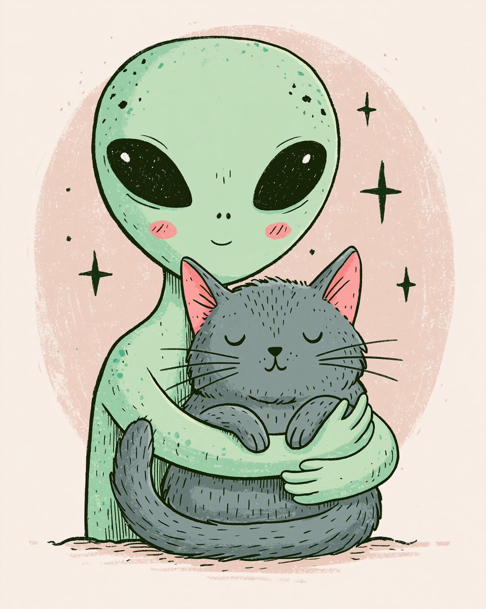 友善的外星人温柔地抱着一只放松的猫咪，异想天开又温馨感人的场景，不恐怖，手绘风格的插画，线条干净简洁，形状柔和圆润，表情富有表现力，柔和的粉彩色调，简洁舒适的背景，柔和的漫射光…