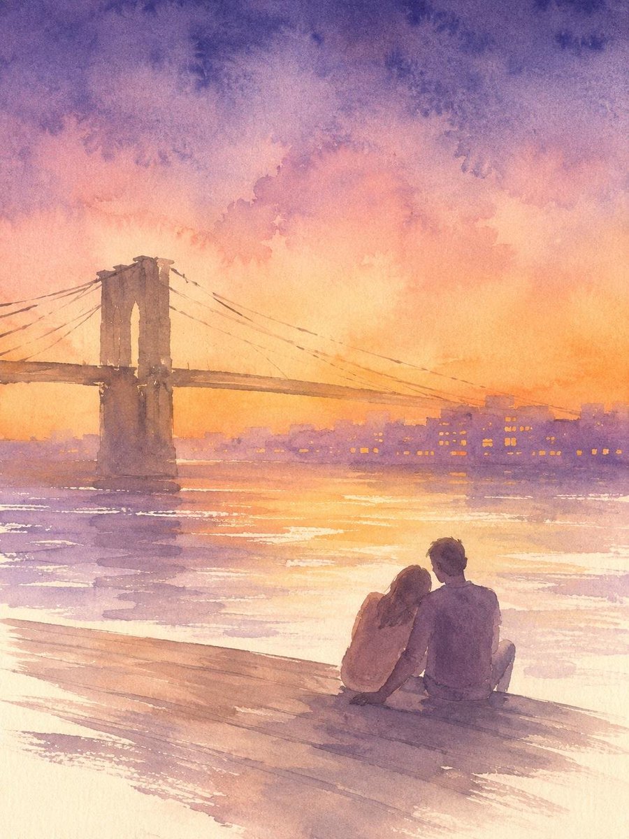一幅从洛克菲勒中心观景台（Top of the Rock）日落时分绘制的松散湿润水彩画，向南眺望中城区，帝国大厦孤零零地从雾霭中升起。一对年轻的韩国情侣站在黄…