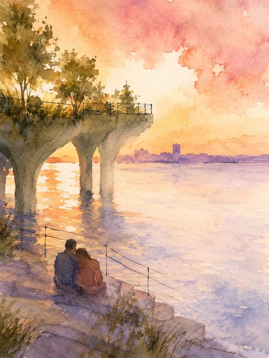 一幅从洛克菲勒中心观景台(Top of the Rock)日落时分绘制的松散湿润水彩画,向南眺望中城区,帝国大厦孤零零地从雾霭中升起。一对年轻的韩国情侣站在黄金分割点上,大约在画…