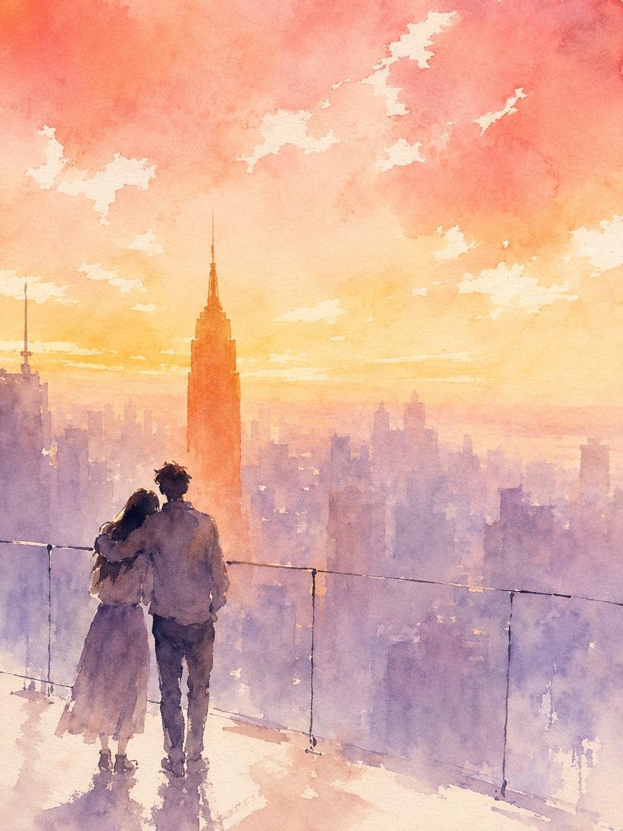 一幅从洛克菲勒中心观景台(Top of the Rock)日落时分绘制的松散湿润水彩画,向南眺望中城区,帝国大厦孤零零地从雾霭中升起。一对年轻的韩国情侣站在黄金分割点上,大约在画…