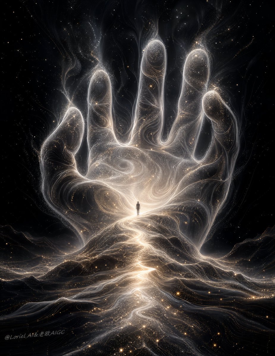 创作一幅极高端的竖版宇宙奇幻插画，在保留画面核心结构、情感张力与超现实的视觉层级的同时，进一步强化辐射状漩涡头部与全身云雾形态之间的融合，使整个巨人读起来如同宇宙意识的连贯显化…