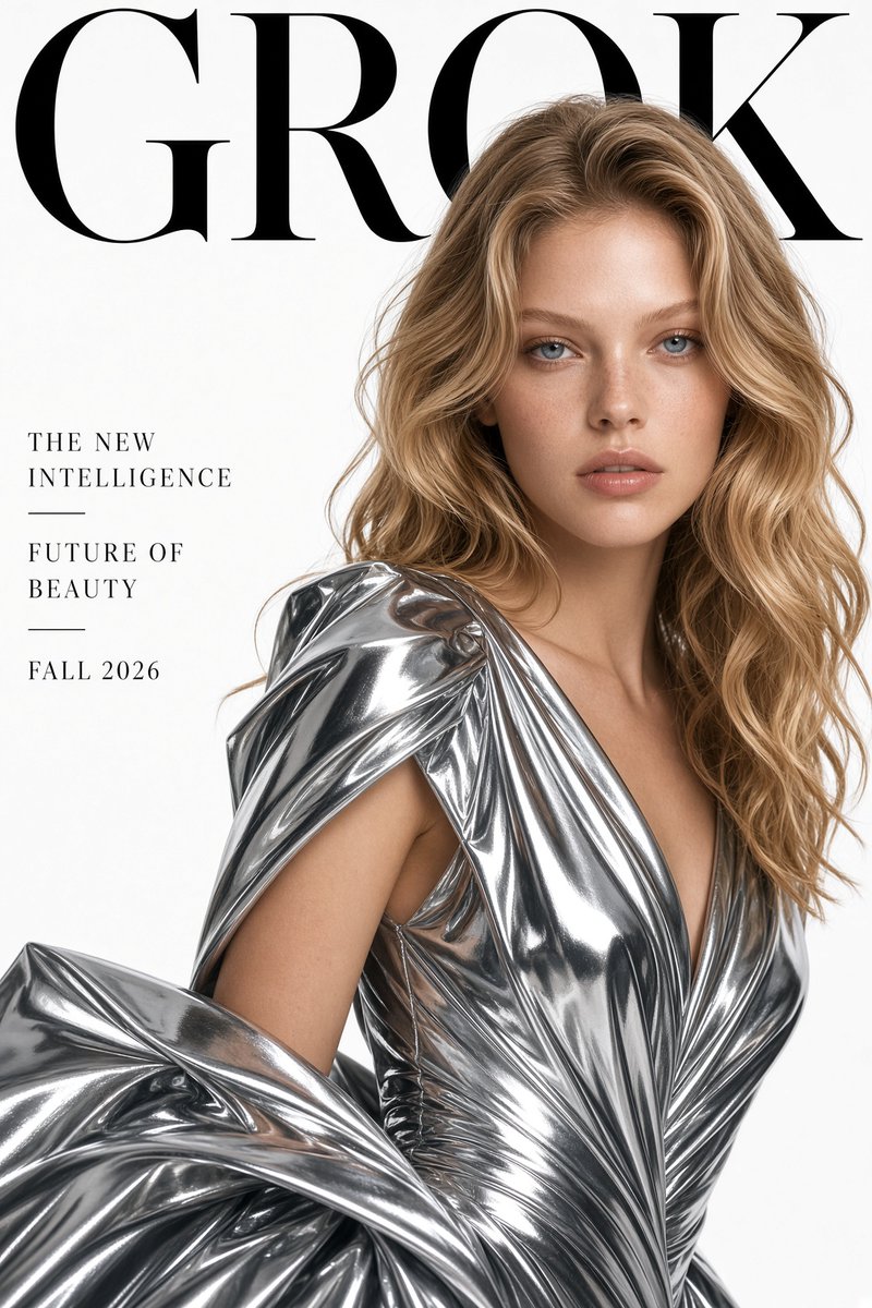 《GROK》高端时尚《Vogue》风格杂志封面。极近景特写镜头，模特令人惊艳：年轻女性，肤色白皙，柔软蜜金色头发如波浪轻柔垂落，蓝色眼眸大而慑人，双唇丰盈柔软。她直视镜头，神情强…