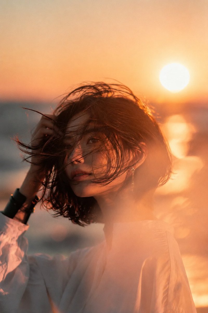 海滩日落中的美丽年轻亚洲女性，中景电影肖像。深色短发波波头在海风中飘扬，头部微向左倾，手正在整理头发。甜美浪漫的瞬间。精致优雅的耳饰，简约宽松的白色衬衫，左腕佩戴黑色宽手镯。柔和…