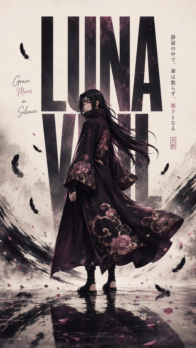创作一张高级感、爆款级电影感动漫编辑海报，主角为神秘的[男性/女性]忍者，独自伫立在光洁反光的极简景观中，身体微微侧转回首望向观者，深色长发随风飘动，神情沉静而强大，身披优雅飘逸…