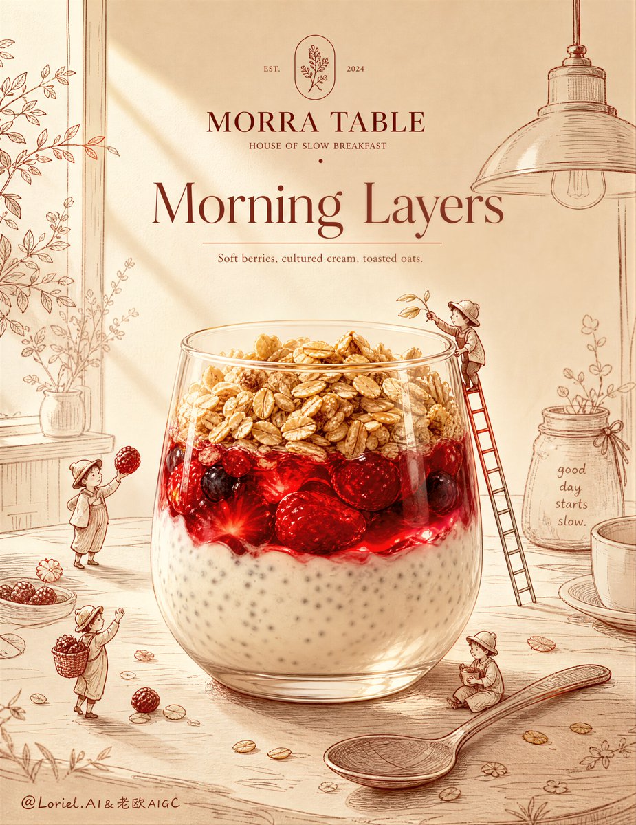 为原创生活方式咖啡品牌 MORRA TABLE 创作一张超高端的早餐帕菲广告海报，采用戛纳级别的编辑风格美食大片形式，营造温暖的家居插画场景氛围，整体使用完全…