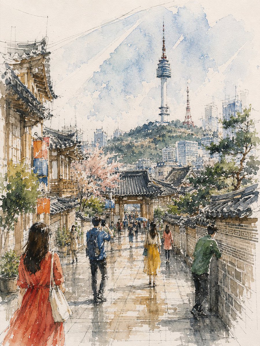 {地点 / 主体}内部一幅松散的水彩与钢笔速写,从{视角}望向{建筑焦点},{中心特征}居中,{头顶建筑特征}悬于上方。墨线先行勾出,每一层水彩之上均保留可见——{建筑线描}与{…
