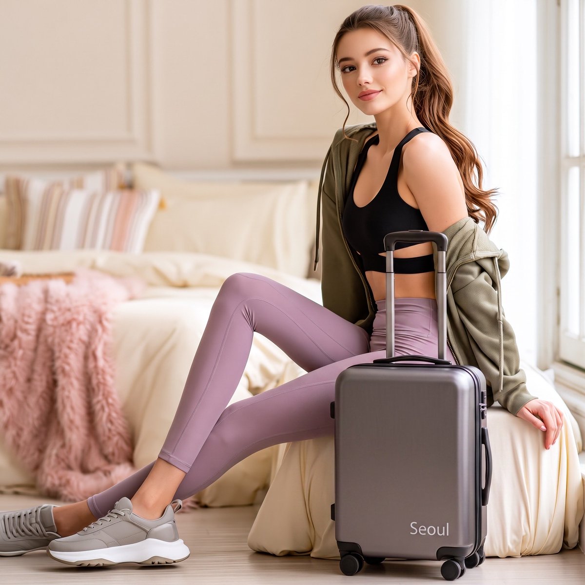 MidJourney v8.1 高清版看起来几乎像是一组行李箱主题的时尚大片。 Prompt A young woman sits on a bed next…