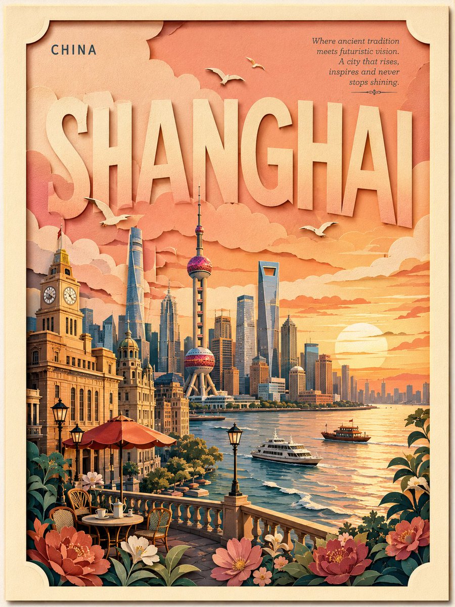 复古分层剪纸风格旅行海报，主题为{LOCATION}，竖版构图，带有米色纹理边框和微妙的投影。巨大醒目的目的地标题融入天空之中，左上角有小号国家标签，右上角有简短优雅的旅行推介文…