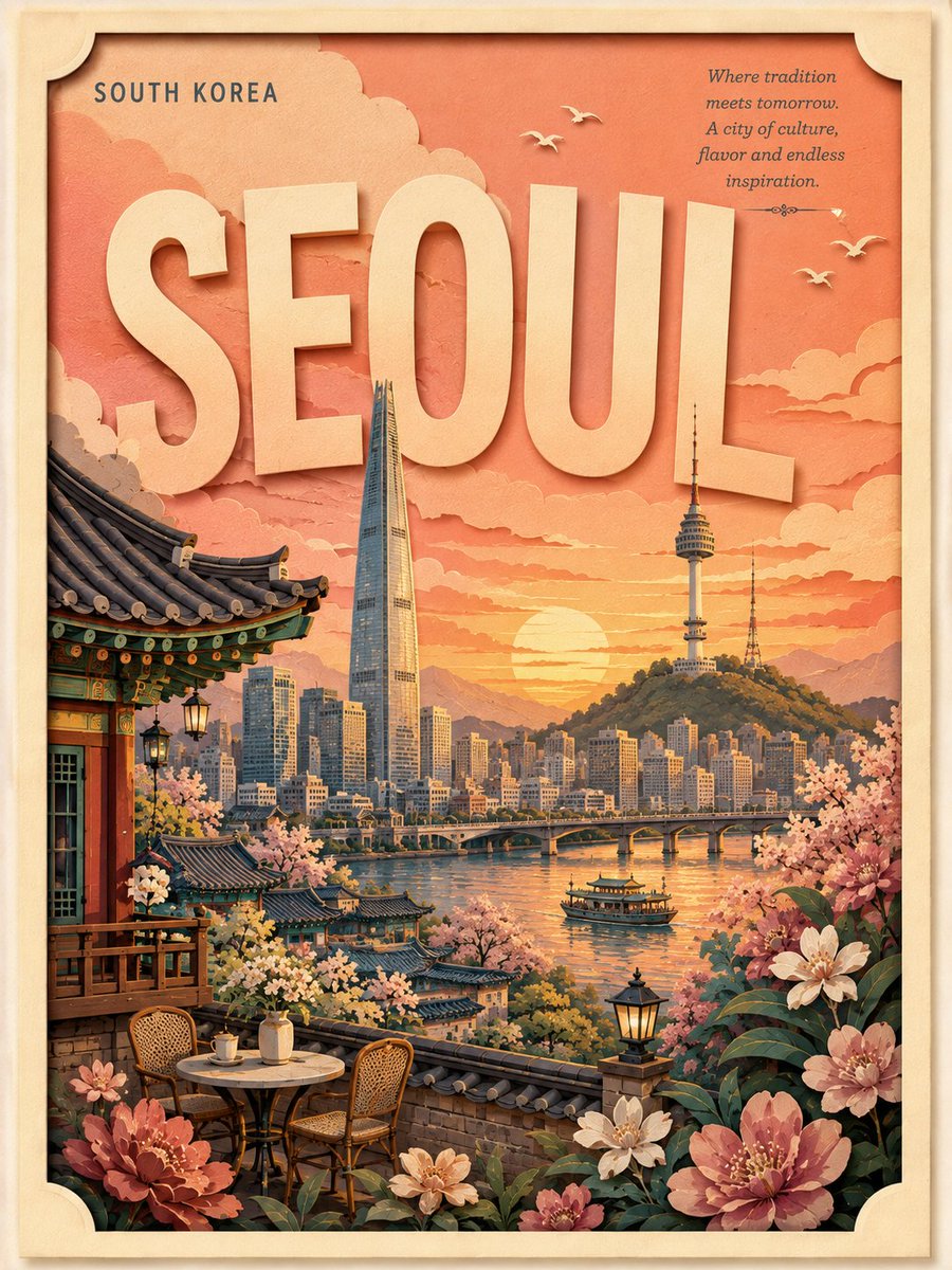 复古分层剪纸风格旅行海报，主题为{LOCATION}，竖版构图，带有米色纹理边框和微妙的投影。巨大醒目的目的地标题融入天空之中，左上角有小号国家标签，右上角有简短优雅的旅行推介文…
